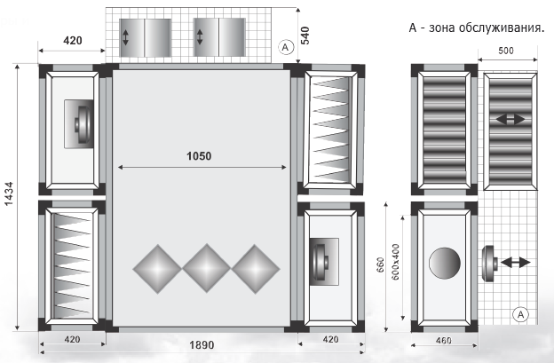 Размеры и габариты воздушного рекуператора тепла и влаги EC-1600H3 на 1600 кубов для приточно-вытяжной системы вентиляции квартиры, коттеджа, частного загородного дома, склада, производства или офиса