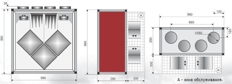 Размеры и габариты энергосберегающего воздушного рекуператора тепла и влаги EC-350V3 на 350 кубов для квартиры или офиса