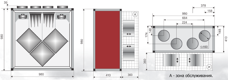 Размеры и габариты воздушного рекуператора тепла и влаги EC-550V3 на 500 кубов для квартиры или офиса