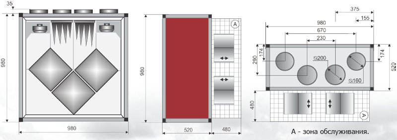 Размеры и габариты рекуператора тепла и влаги EC-750V3 на 700 кубов для системы вентиляции квартиры, коттеджа, частного загородного дома, склада, производства или офиса